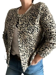 Vintage Joan Vass USA Cheetah Animal Print Knit Cardigan Mother of Pearl Buttons - Picture 1 of 11