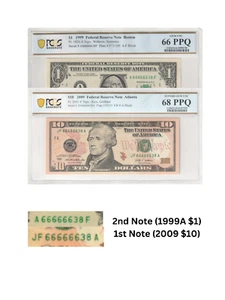 $1 and $10 Set of 2 Note MATCHING SERIAL NUMBERS 66666638 PCGS Graded 66/68 PPQ - Picture 1 of 3