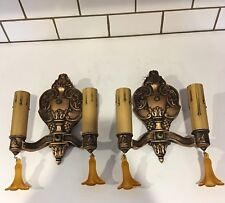 Wired Pair Antique 2 Arm Sconces With Dark Antique Gold Finish Amber Prisms 33D
