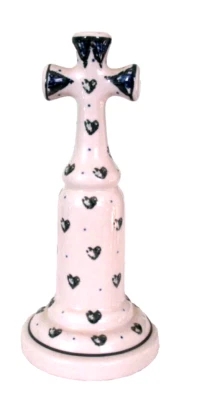 Crucifijo independiente vintage de cerámica polaca hecha a mano cruz azul verde corazones Foto 1 de 4