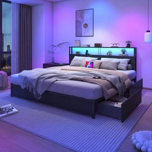 Queen Bed Frame with LED Light and Outlets USB Ports, Metal Platform Bed with 4 - Picture 1 of 43