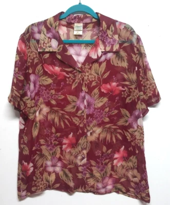 Blusa Haband Top Camisa Borgoña Floral XL Botón Delantero Cuello Manga Corta Foto 1 de 4