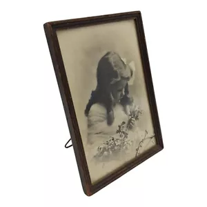 Vintage Edwardian Girl with Flowers Sepia Photo Print, Signed & Framed Charming - Picture 1 of 5