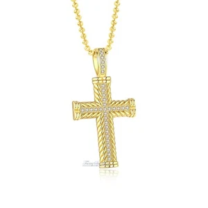 14K Yellow Gold Finish Simulated Diamond Women's Men's Cross Pendant Necklace  - Picture 1 of 16