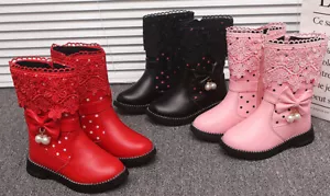 Children Kids Girls Mid-Calf Boots Lace Princess Waterproof Warm Boots Shoes - Picture 1 of 15
