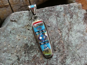 Turquoise Micro Inlay Sterling Silver 925 Multi Gemstone Unisex Pendant AO52 - Picture 1 of 10