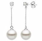 Pearl 14K White Gold Dangle Earrings 9-10mm White Freshwater & .10ctw Diamonds