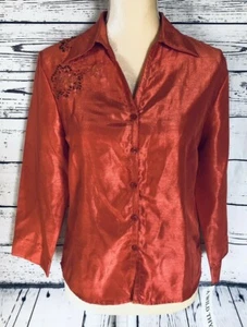 A Wild Thyme Women’s Size 12 Blouse Orange Button Down Embroidered Floral Beaded - Picture 1 of 10