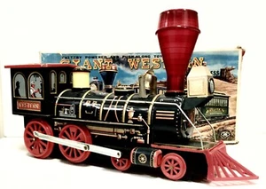 VINTAGE BATTERY OPERATED MYSTERY ACTION GIANT WESTERN LOCOMOTIVE TIN TRAIN - Picture 1 of 10