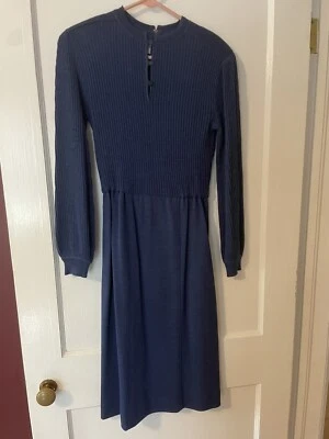 Vestido Vintage Ciao Azul Sólido Talla 8 Lana Pura Manga Larga Forrado Foto 1 de 4