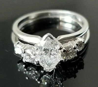 Wedding Matching Set 1/2 Ct White Marquise Cut Simulated Diamond 925 Silver Ring - Image 1 of 4