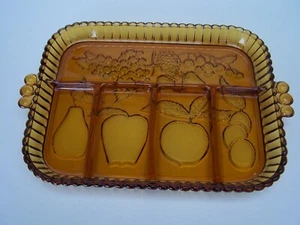 VINTAGE AMBER GLASS FRUIT SNACKS SERVING TRAY PLATE - Picture 1 of 8