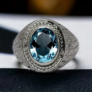 Aquamarine Gemstone With 925 Sterling Silver Groom Ring For Men's #AL219 - Picture 1 of 8