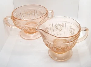 VTG Federal Sharon Pink Cabbage Rose Depression Glass Sugar and Creamer Set - Picture 1 of 13