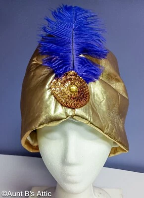 Turban Gold Metallic Genie Costume Headpiece With Feather & Jewel One Size - Image 1 of 4
