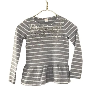 Gymboree Girls Gray Striped Ruffle Hem Blouse Sequin Cotton Size 7 Long Sleeve - Picture 1 of 10