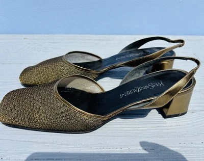 Yves Saint Laurent Mujer Malla Dorada Eslinga Trasera Tacón Bloque Talla 9 N Foto 1 de 4