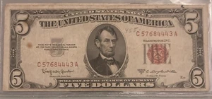 1953 C $5 Red Seal Note - Five Dollar Bill - Five - Banknote - Free Shipping - Picture 1 of 6