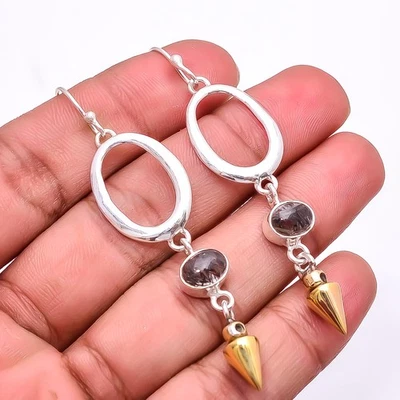 Natural Black Rutilated Quartz 925 Silver Two Tone Arrow Head Earring 2.73" E35 - Image 1 of 4