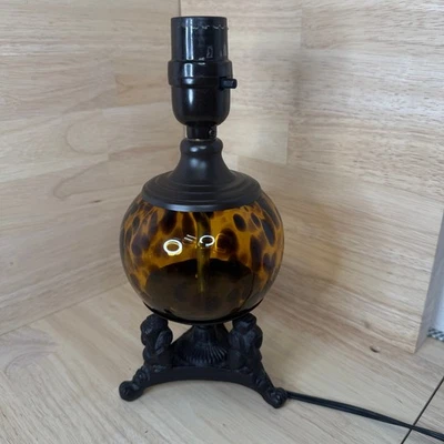 Vintage Style Brown Tortoise Glass Lamp with Monkey see/hear evil Cast Iron Base - Image 1 of 4