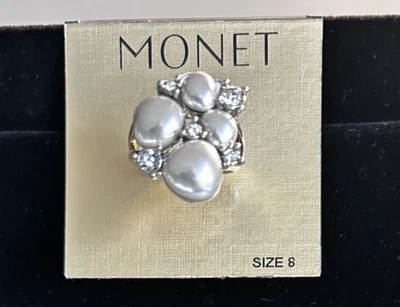 Anillo Monet Imitación Perla y Estrás Tono Plateado, Talla 8 Foto 1 de 4