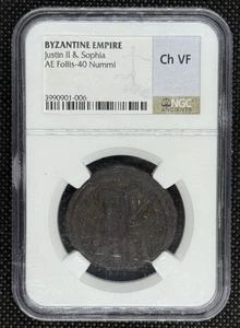 Byzantinisches Reich, Justin II. & Sophia, AE Follis-40 NummI-NGC-Ch Sehr schön - Bild 1 von 2