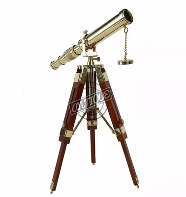 Telescope With Wooden Tripod Nautical Decorative Gift Solid Brass - Image 1 of 4