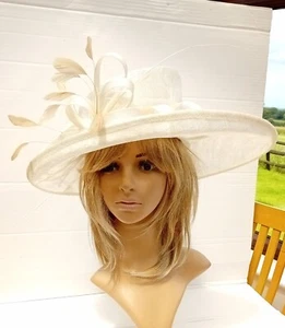 Ivory Wedding Hat with pale gold feathers .races.formal hat.Races - Picture 1 of 5