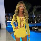 Langarmiges Damen-Bodycon-Kleid mit gelber Rüsche Schnürung Netzdruck Größe UK 12