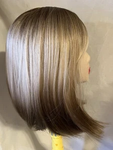 wig nwt blonde bob ombre brown tips long bangs synthetic 14" long # 517 - Picture 1 of 9