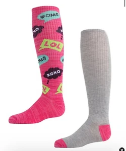 MEMOI SOCKS GIRLS 2 PAIRS KNEE HIGH Size 7-8 LOL XOXO OMG PINK GRAY NEW - Picture 1 of 2