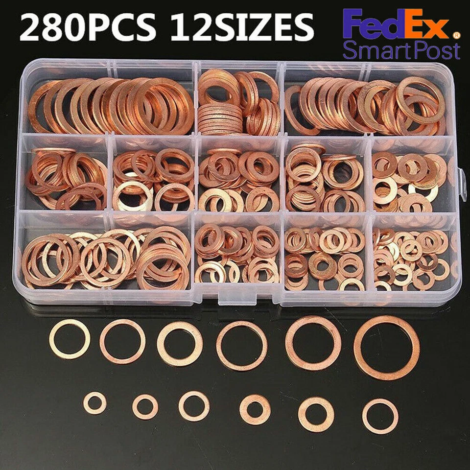 280Pcs 12 Sizes Assorted Solid Copper Crush Washers Seal Flat Ring Set US SHIP — 第 1/4 张图片