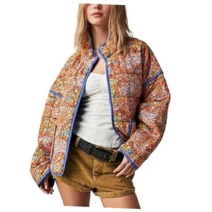 Women's Cropped Puffer Jacket Lightweight Floral Printed Open Medium Yellow - Picture 1 of 7