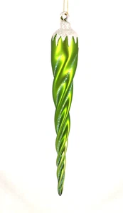 LIME GREEN Snowcap twisted ICICLE blown GLASS ORNAMENT 10 3/4” - Picture 1 of 7
