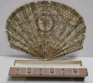 Antique Bailey Banks & Biddle French Fabric Decorative Sequins Hand Fan w/ Case - Picture 1 of 23