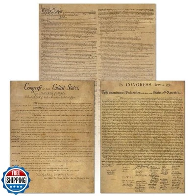 Paquete de 3 documentos de fundación americana laminados: Constitución de Estados Unidos, Declaración de - Imagen 1 de 4