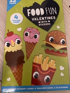 Food Fun Valentine's Cards (28) & Stickers (35) 4 Teacher Cards New - Picture 1 of 4