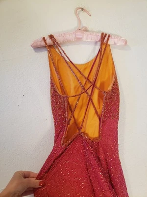 Vtg 90s Sean X•PRESS Pink Orange Silk Beaded Maxi Gown M Cross Back Back Slit - Image 1 of 4