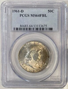 1961-D Silver Ben Franklin Half Dollar, PCGS MS-64 FBL, Obverse Toning! - Picture 1 of 2