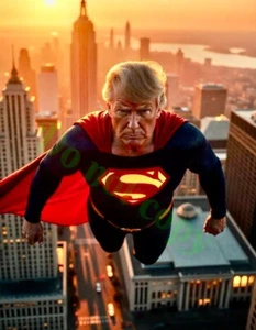 FOTO DE ARTE 8x10 de alto brillo de Donald Trump Superman Flying Sunset City - Imagen 1 de 1