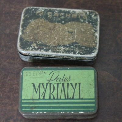 2 anciennes boites vides en tole pharmacie PATES MYRTALYL KALMINE METADIER - Photo 1/4