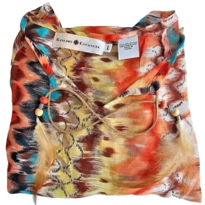 Women's Rancho Estancia Sz Large Boho, Southwest Top Colorful Feather, Beads - Picture 1 of 8