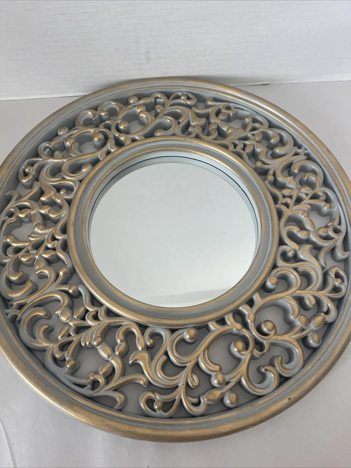 Mirror Wall Accent Ornate Frame Light Gray W/gold Trim 14” Lightweight Plastic - Image 1 of 4