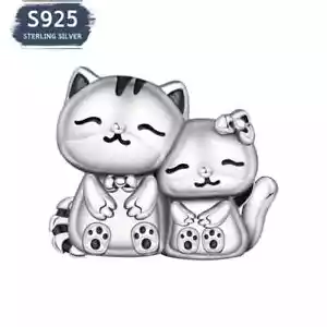 925 Sterling Silver Mom and Baby Cat Charm Bead Bracelet Kitten - Picture 1 of 7