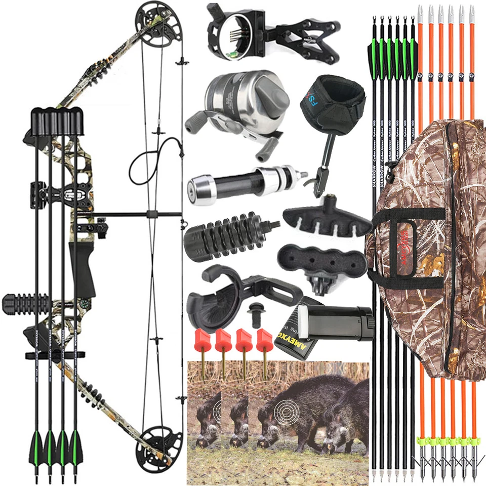 Compound Bow Arrows Set 20-70lbs Adjustable Archery Fishing Hunting 320fps R/LH - Image 1 of 4
