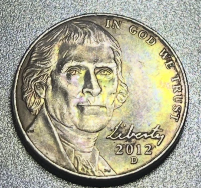 ERROR 2012 D NICKEL - TONED DIFFERENT COLORS, UNIQUE FIND, CIRC. - Image 1 of 2