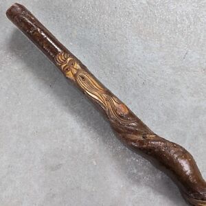 Vtg Folk Art Walking Stick Cane Hand Carved Old Man Wooden Staff Twisted Vine 35