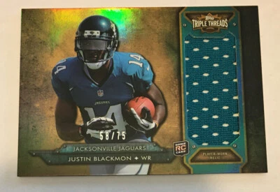2012 TRIPLE THREADS JUSTIN BLACKMON RC ROOKIE JERSEY #58/75 - Image 1 of 3