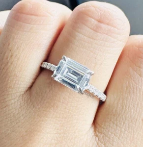 East West Emerald Cut Halo Moissanite Engagement Ring 10K White Gold Women Ring - Picture 1 of 13