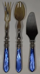 Horn and Stainless Steel Salad Servers Fork & Spoon Kit With Pie Server Blue  - Picture 1 of 7